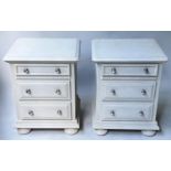 BEDSIDE CHESTS, a pair, French style grey painted each with three drawers, 56cm x 46cm x 71cm H. (2)
