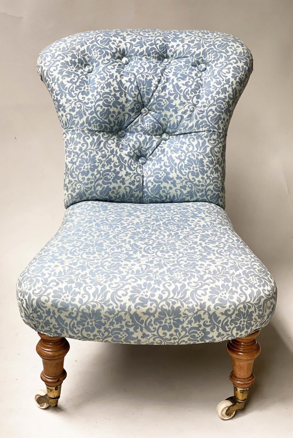 SLIPPER CHAIR, Victorian two tone sapphire blue twill with Cope & Collins patent castors, 53cm W. - Image 2 of 5