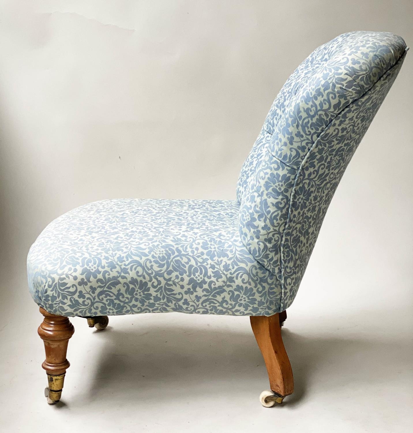 SLIPPER CHAIR, Victorian two tone sapphire blue twill with Cope & Collins patent castors, 53cm W. - Image 4 of 5