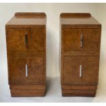 ART DECO BEDSIDE CHESTS, a pair, burr walnut each with two drawers and stepped plinth, 30cm x 46cm x
