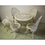 GARDEN TABLE, circular white metal, 70cm H x 69cm D, a set of four metal chairs and an adapted