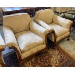 ARMCHAIRS, a pair, matching previous lot with damask upholstery with carved show frames and claw and