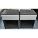 SIDE TABLES, a pair, contemporary design with leather draw accents, 50cm x 41cm x 60.5cm. (2)