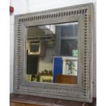 WALL MIRROR, Indian grey painted with square carved frame, 130cm x 130cm.