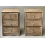 BEDSIDE CHESTS, a pair, bamboo framed and cane panelled each with three drawers, 50cm x 46cm x