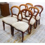 DINING CHAIRS, a set of six, Victorian style, each with velvet striped seat on reeded turned front