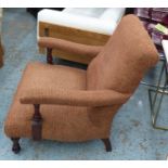 WESLEY-BARRELL OPEN ARMCHAIR, with umber fabric upholstery, 70cm W x 86cm H.