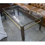 SOHO HOUSE LOW TABLE, contemporary brass with glass top, 140cm x 71cm x 50cm.