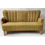 SOFA, 1970's Danish teak framed with yellow green woven fabric upholstery, 170cm W.