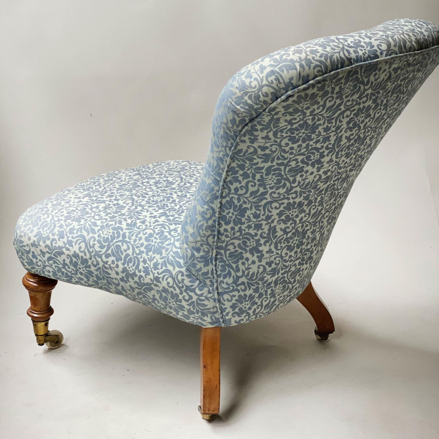 SLIPPER CHAIR, Victorian two tone sapphire blue twill with Cope & Collins patent castors, 53cm W. - Image 3 of 5