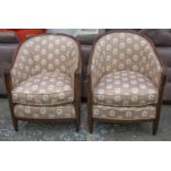 TUB CHAIRS, two similar French Art Deco manner beechwood with seat cushions in patterned fabric,