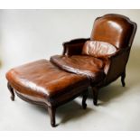 DUCHESSE BRISEE, French Louis XV style beechwood framed and studded tan leather upholstered with two