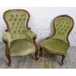 ARMCHAIR, mid Victorian walnut in green velour, 98cm H x 71cm and a similar nursing chair, 89cm H