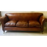SOFA, Victorian style hand dyed leaf brown studded leather with scroll arms and turned supports,
