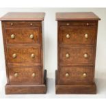 BEDSIDE CHESTS, a pair, Victorian burr elm each adapted with brushing slide and three drawers,