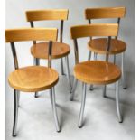 KITCHEN CHAIRS, a set of four beech with rounded seats and splay chrome supports, 80cm H. (4)