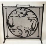 FIRE SCREEN, black wrought iron square frame enclosing circular panelled exotic birds, 100cm x 100cm