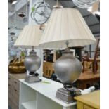 TABLE LAMPS, a pair, silver gilt, large with pleated shades, each overall 88cm H including shades,