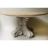 DINING/CENTRE TABLE, circular faux travertine on painted carved base, 150cm W x 80cm H.