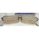 CHINESE STYLE JARDINIERES, a pair, twin handled ceramic decorated, 55cm W x 21cm H. (2)