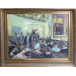 20TH CENTURY SCHOOL, 'Soirée at the theatre' oil on canvas, 76cm x 100cm, framed.