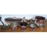 BATTERIE DE CUISINE, comprising of five copper pans, a fish poacher and four other various pans. (