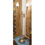 STANDARD LAMP, Art Deco silvered metal with double flambeau shades, reeded column, stepped base