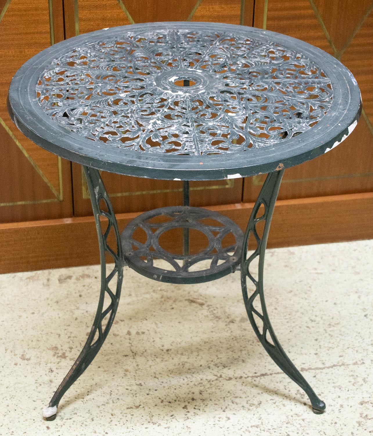 GARDEN SET, distressed painted metal table with circular top 63cm H x 61cm and a pair of chairs. (3) - Image 2 of 3