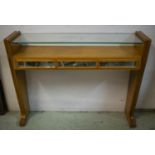 CONSOLE TABLE, mid 20th century Italian satinwood and sycamore with glass shelf above three mirrored