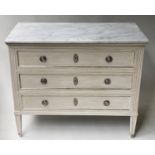 COMMODE, French Directoire style traditionally grey painted and silvered metal mounted with three