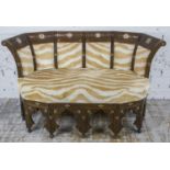 SOFA, Damascus beechwood and mother of pearl inlaid in pale zebra patterned covers, 138cm W.