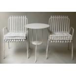 GARDEN/TERRACE ARMCHAIRS, a pair, mid 20th century French bent scroll wrought iron white painted