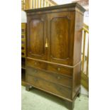 LINEN PRESS, George III mahogany with two doors enclosing sliding trays above a base of four