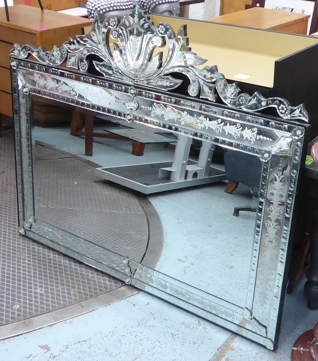 WALL MIRROR, Venetian style rectangular with foliate etched effect decoration and a central bevelled - Image 2 of 5