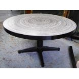 LOW TABLE, with a circular black and white Spirograph top, 91.5cm diam x 50cm H.