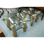 SIDE TABLES, a pair, Spanish style worked metal, bevelled glass tops, 77cm x 77cm x 63cm. (2)