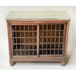 PLATE CABINET, stained deal with lattice sliding doors and marble top and turned feet, 87cm x 40cm x