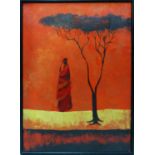 REENA THOMAS (contemporary Indian), 'Standing figure by a tree', acrylic on canvas, 80cm x 60cm,