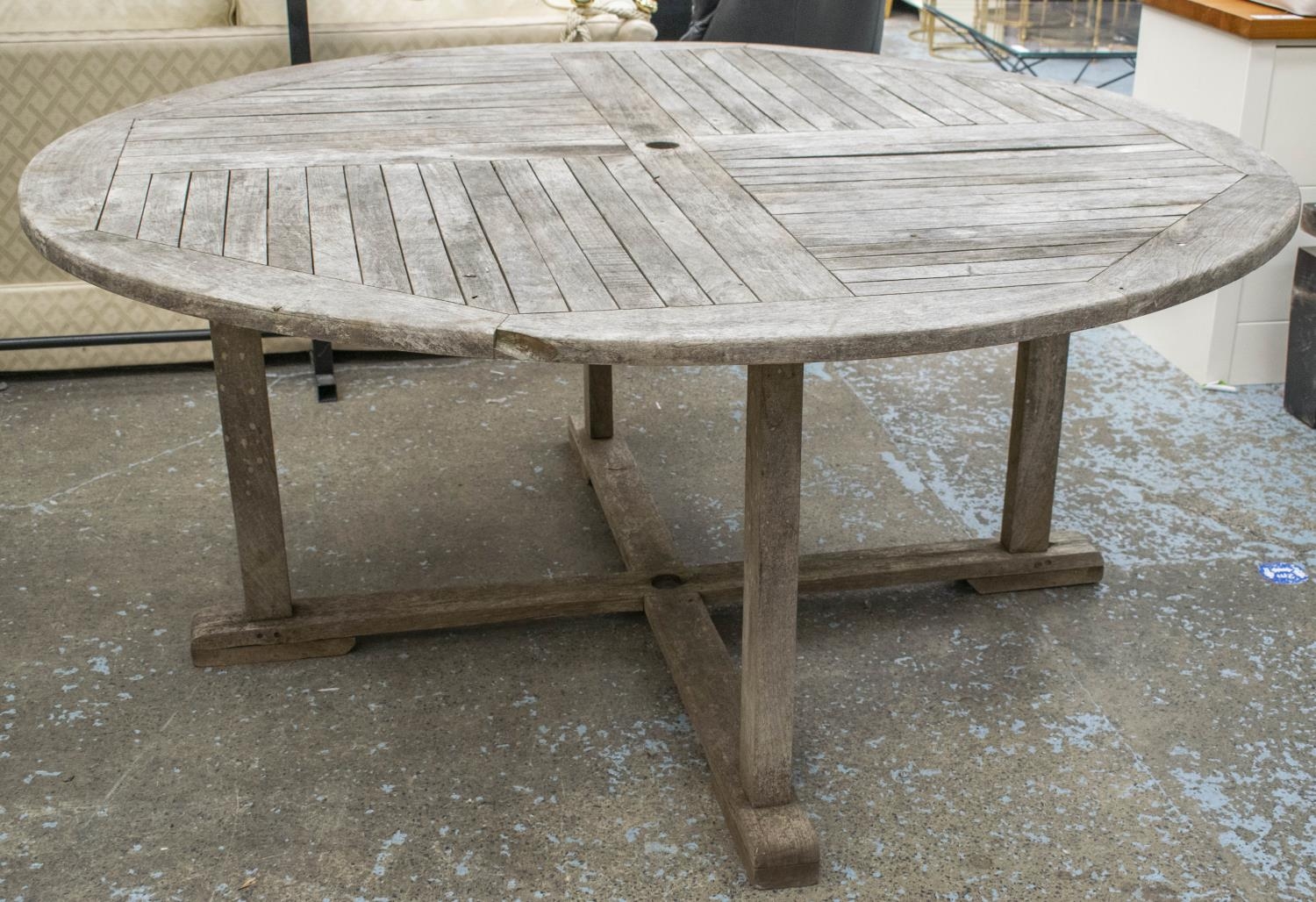 GARDEN TABLE, circular weathered teak 77cm H x 179cm and a set of six weathered teak adjustable - Image 2 of 6