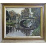 CHARLES EVEREST HARDAKER (British b.1934) 'River View with a Bridge', oil on canvas, 50cm x 60cm,