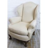 WING ARMCHAIR, Georgian style with cushion seat in cream upholstery (marks to fabric), 112cm H x