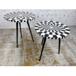 SIDE TABLES, a graduated pair, 1970's Italian design, circular inlaid tops on tripod metal legs,