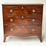 HALL CHEST, Regency figured mahogany of adapted shallow proportions and three long drawers, 90cm x