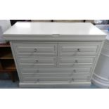 CHEST, cream with rising lid with compartmentalized interior, over four short and two long