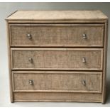 RATTAN CHEST, vintage rattan frame and cane panelled with three drawers, 78cm x 45cm x 72cm H.