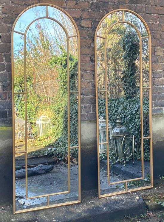 ARCHITECTURAL STYLE MIRRORS, a pair, 180cm x 63cm, metal framed with an arched top. (2) - Image 2 of 4