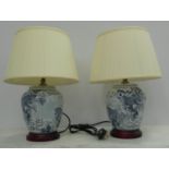 TABLE LAMPS, a pair Chinese style blue and white with shades, 51cm H. (2)