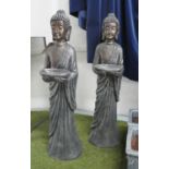 STANDING BUDDHAS WITH DISH, two, 106cm. (2)