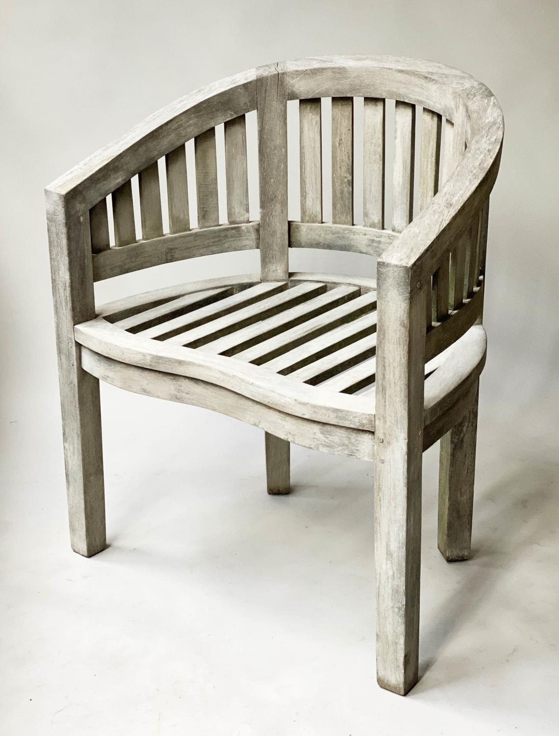 GARDEN TABLE, circular slatted weathered teak together with a Java teak garden armchair, 80cm diam x - Image 6 of 9