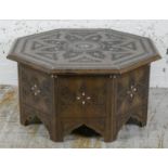 LOW TABLE, Damascus hardwood and inset mother of pearl with low relief carved octagonal top, 51cm